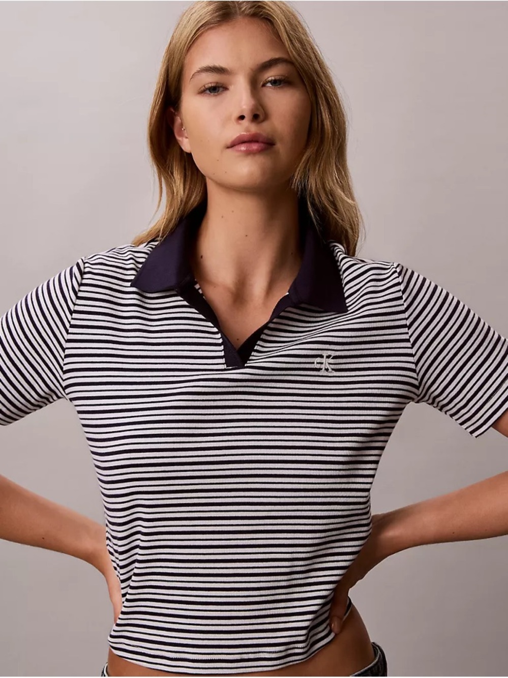 NWOT Calvin Klein Black & White Striped Polo Crop Top with Contrast Collar